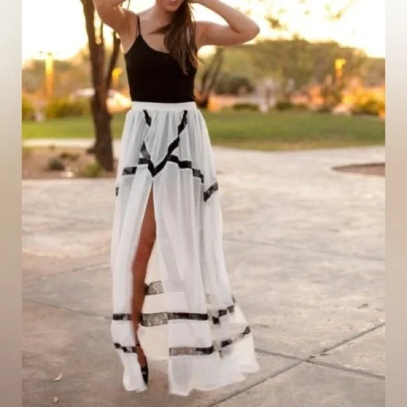Blessed are the Meek Turn to Gold White and Black Lace Maxi Skirt - 2